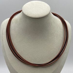 14K Yellow Gold 2 Tone Multi Strand Leather Cord Necklace 16-18”L New